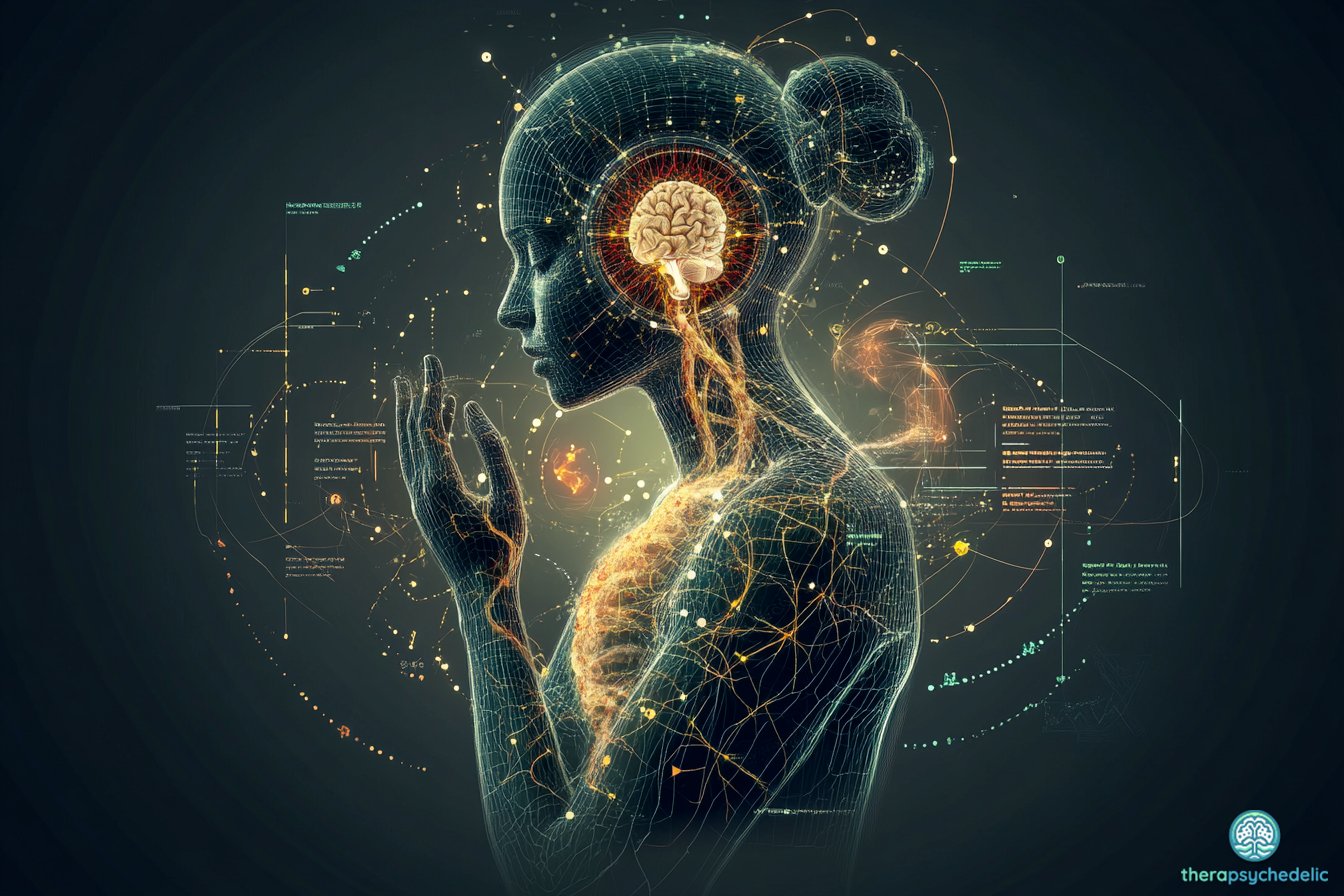 Illustration numérique d’un corps féminin stylisé avec des réseaux neuronaux et un cerveau lumineux en surimpression, symbolisant l’interaction entre hormones et psychédéliques.