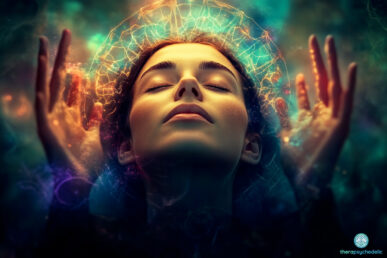Visage serein d'une femme les yeux clos, baigné dans une aura de connexions neuronales lumineuses, illustrant l'expérience mystique au cœur de la thérapie psychédélique.