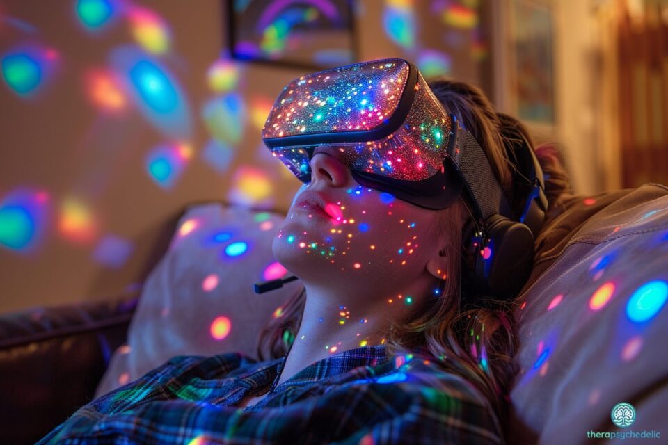 Personne allongée portant un casque de réalité virtuelle, plongée dans une expérience immersive avec des projections lumineuses colorées. Illustration des liens entre psychédéliques, IA et réalité virtuelle en thérapie.