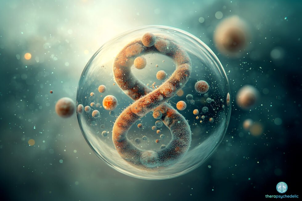Illustration scientifique représentant Caenorhabditis elegans, le petit ver transparent utilisé dans l'étude sur les effets anti-âge du LSD, dans une boîte de Petri de laboratoire avec des particules flottantes symbolisant les processus cellulaires de longévité