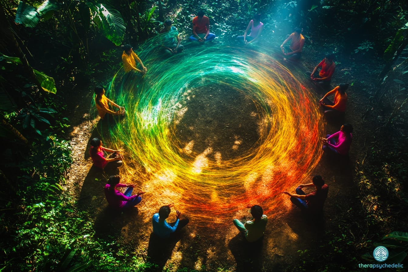 Un groupe méditant dans une clairière luxuriante, la lumière du soleil filtrant à travers un feuillage vert dense, des faisceaux doux mettant en valeur les visages sereins des participants, des traînées de lumière psychédéliques complexes aux couleurs vibrantes s'entrelaçant autour d'eux, symbolisant l'unité et la paix intérieure.