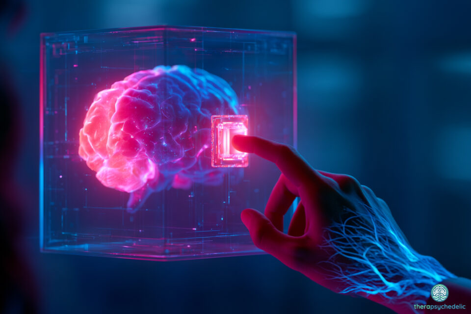 Cerveau lumineux dans un cube transparent, une main déclenchant un interrupteur, symbolisant le reset du cerveau par les psychédéliques