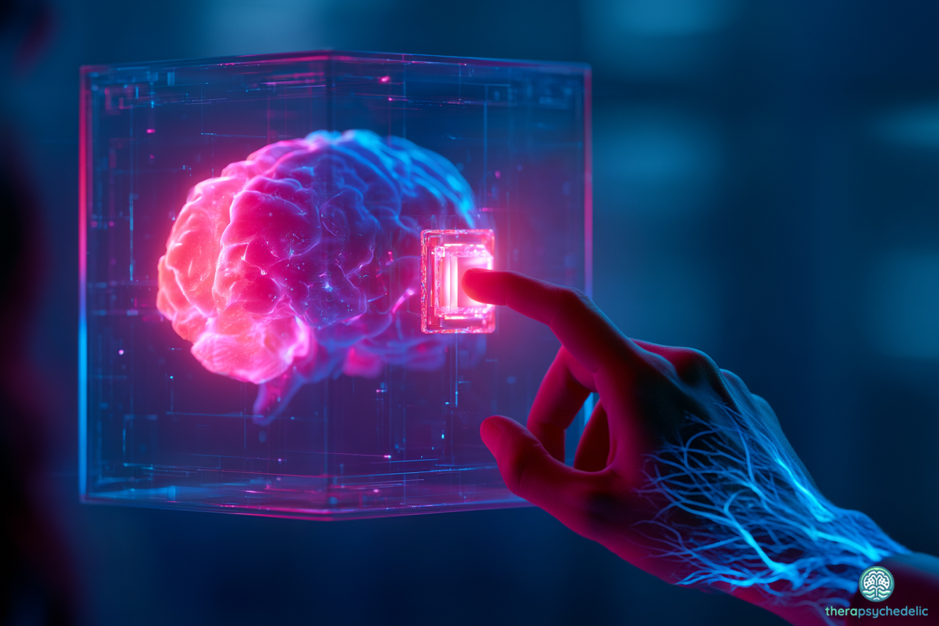 Cerveau lumineux dans un cube transparent, une main déclenchant un interrupteur, symbolisant le reset du cerveau par les psychédéliques