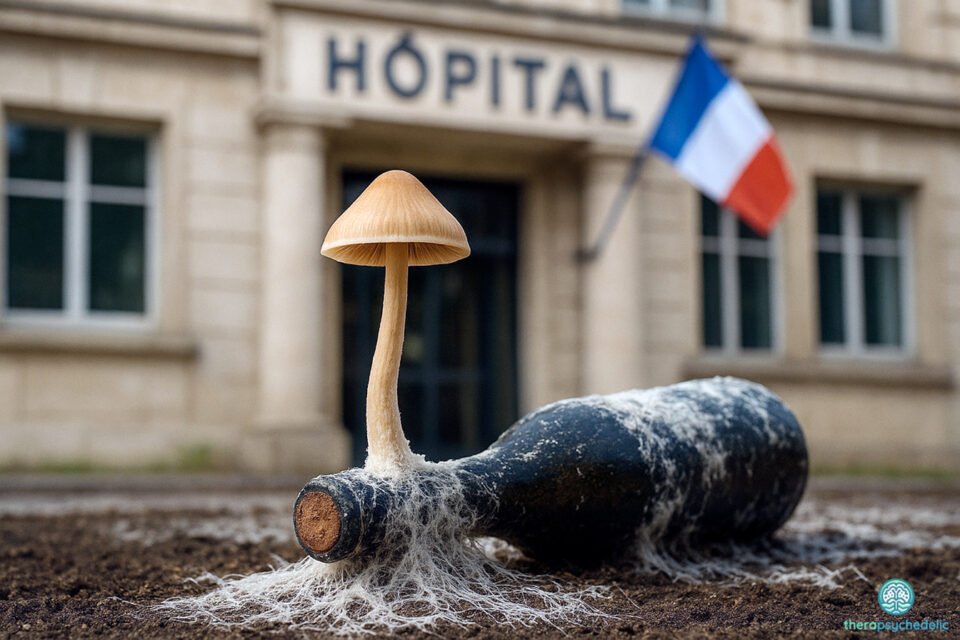 Un champignon psilocybe à chapeau beige pousse sur une bouteille d'alcool abandonnée devant un hôpital français avec le drapeau tricolore, illustrant la transformation thérapeutique de l'addiction alcoolique par la psilocybine dans le cadre médical français