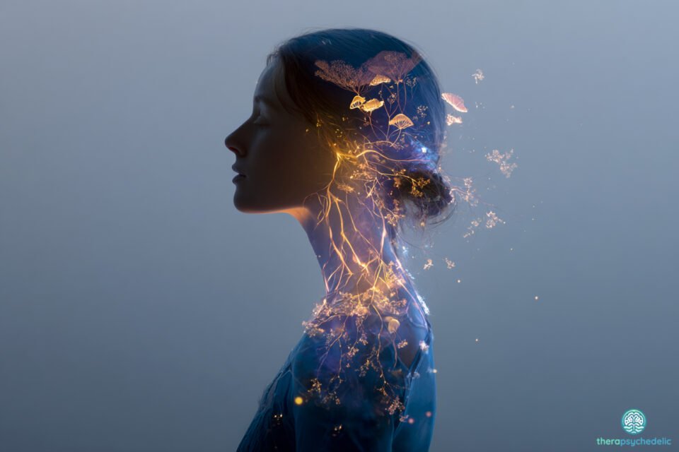 Profil latéral d’une jeune femme, yeux clos, baignée d’une lumière douce ; son buste et sa tête en transparence révèlent un réseau lumineux de racines/mycélium et de petites pousses florales dorées qui s’élèvent vers le cerveau, illustrant la connexion entre psilocybine, régénération neuronale et processus de guérison intérieure.