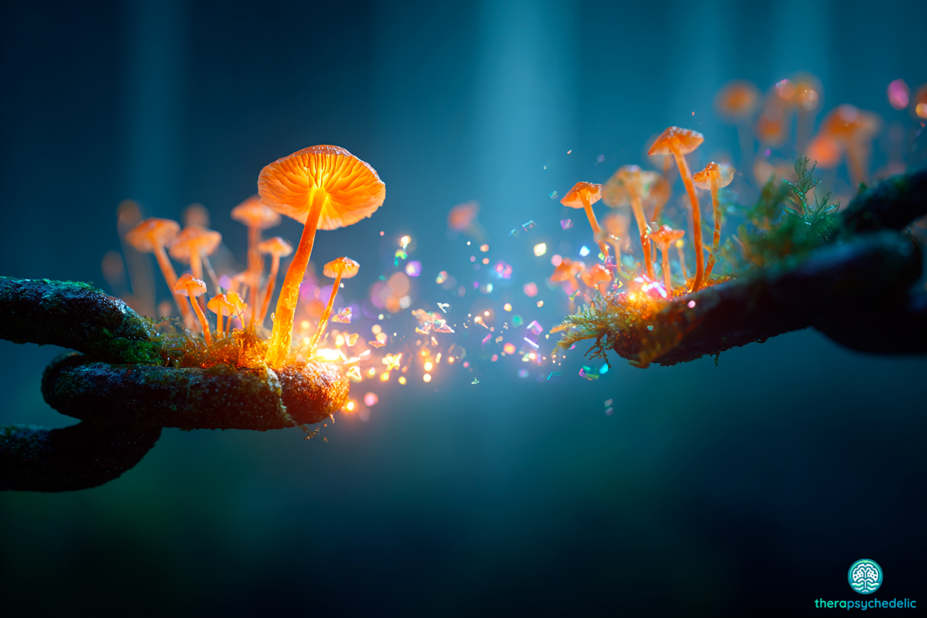 Représentation visuelle de l'action des psychédéliques sur le cerveau pour briser les croyances limitantes et stimuler la neuroplasticité.