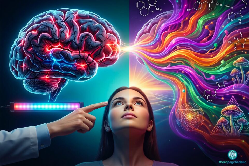 Alliance EMDR et psychédéliques : visuel montrant le passage du cerveau traumatisé "gelé" vers une guérison colorée et multidimensionnelle grâce à la neuroplasticité et l'expérience transpersonnelle.