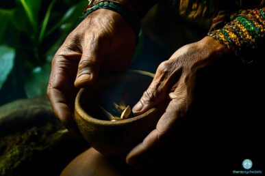 Gros plan sur les mains d'un chaman tenant un petit bol en bois contenant de petits fragments de plantes. Il porte des bracelets tissés, dans une ambiance sombre et naturelle évoquant un rituel ancestral.