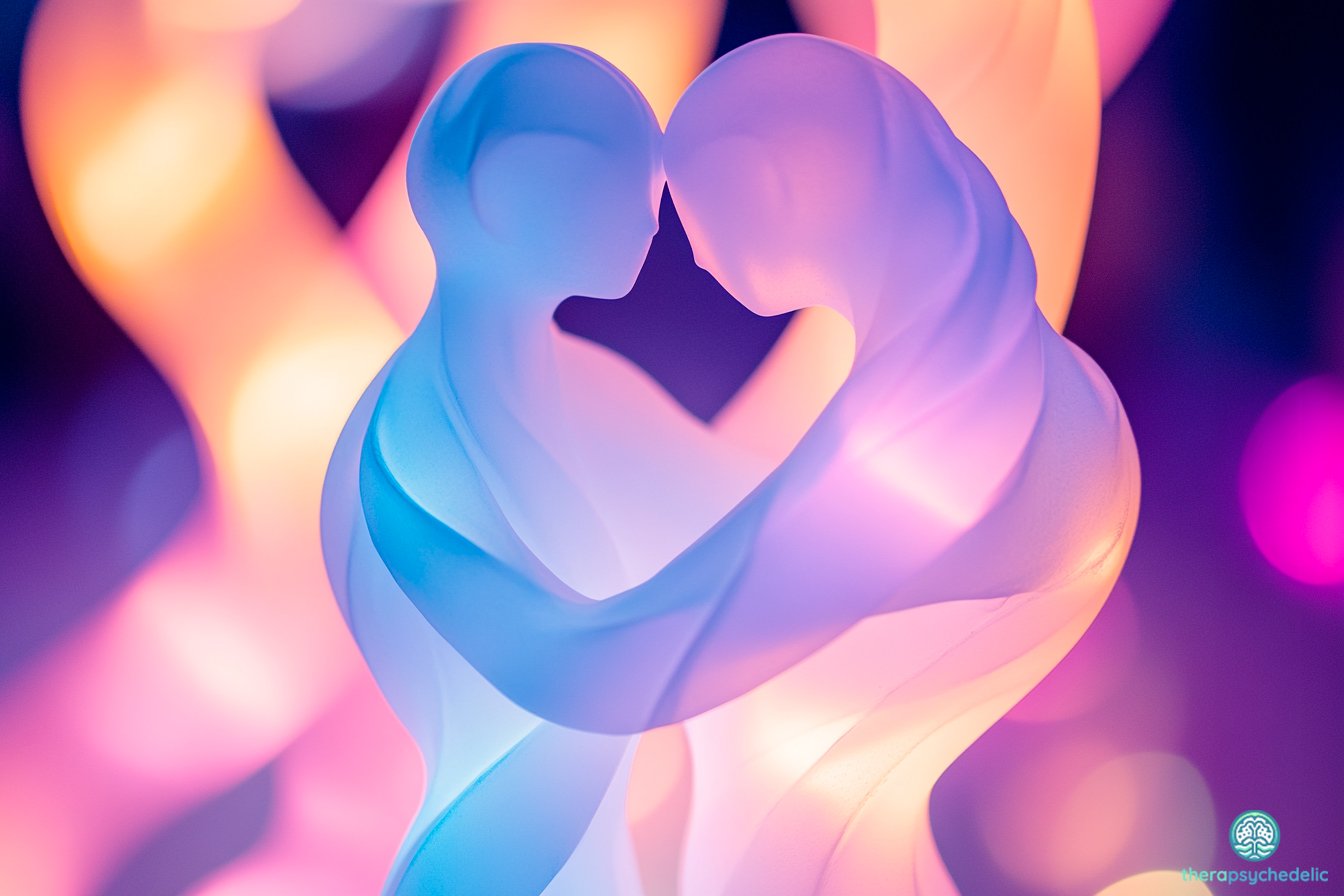 Silhouettes de couple s'embrassant dans des tons dégradés bleu et rose, évoquant la connexion intime et spirituelle explorée dans les thérapies assistées par psychédéliques