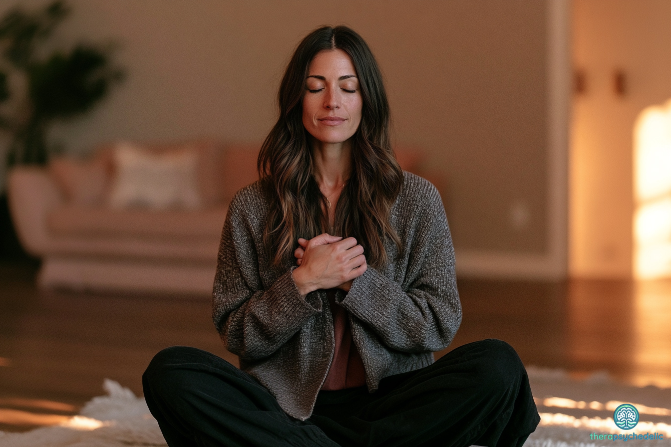 Femme assise en tailleur, yeux fermés, mains posées sur le cœur dans une lumière chaleureuse, en posture d'auto-compassion avant une expérience psychédélique.