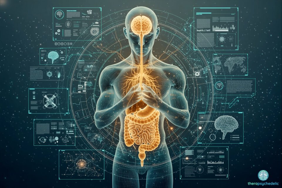 Illustration futuriste de l'axe intestin-cerveau montrant une silhouette humaine transparente. Le cerveau et le système digestif sont illuminés en orange, reliés par un réseau de voies neuronales sur un fond de données scientifiques.