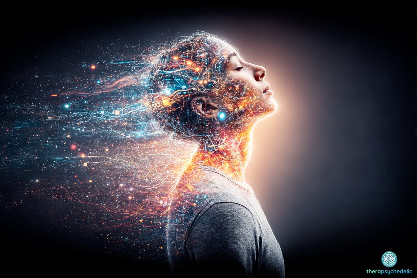 Une personne de profil, les yeux fermés, dont la tête et le cou se transforment en un réseau lumineux de connexions neuronales symbolisant la neuroplasticité et l'introspection grâce aux thérapies psychédéliques.