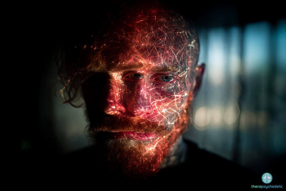 Portrait d’un homme barbu plongé dans l’obscurité, le visage illuminé par des motifs lumineux évoquant des réseaux neuronaux, symbolisant un bouleversement de la perception.