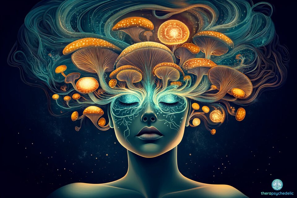 "Illustration artistique représentant un visage humain stylisé aux yeux fermés, entouré de champignons psilocybes lumineux aux couleurs dorées et orangées. Des flux d'énergie bleu-vert ondulent autour de la tête, symbolisant les réseaux neuronaux et les connexions cérébrales transformées par la psilocybine. L'image évoque la renaissance du sens existentiel et la neuroplasticité induite par les thérapies psychédéliques.