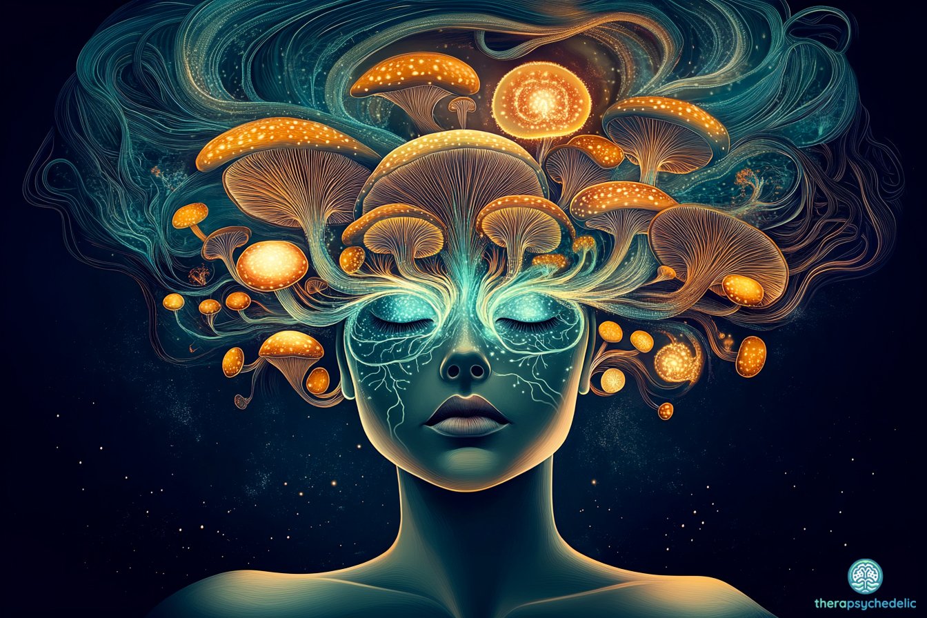 "Illustration artistique représentant un visage humain stylisé aux yeux fermés, entouré de champignons psilocybes lumineux aux couleurs dorées et orangées. Des flux d'énergie bleu-vert ondulent autour de la tête, symbolisant les réseaux neuronaux et les connexions cérébrales transformées par la psilocybine. L'image évoque la renaissance du sens existentiel et la neuroplasticité induite par les thérapies psychédéliques.