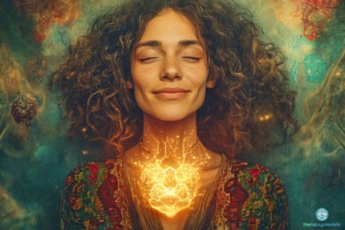 Femme aux yeux fermés affichant un léger sourire, entourée d’un décor onirique, avec une lumière dorée en forme de cœur irradiant depuis sa poitrine, symbole de bienveillance et de transformation intérieure.