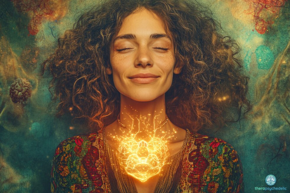 Femme aux yeux fermés affichant un léger sourire, entourée d’un décor onirique, avec une lumière dorée en forme de cœur irradiant depuis sa poitrine, symbole de bienveillance et de transformation intérieure.