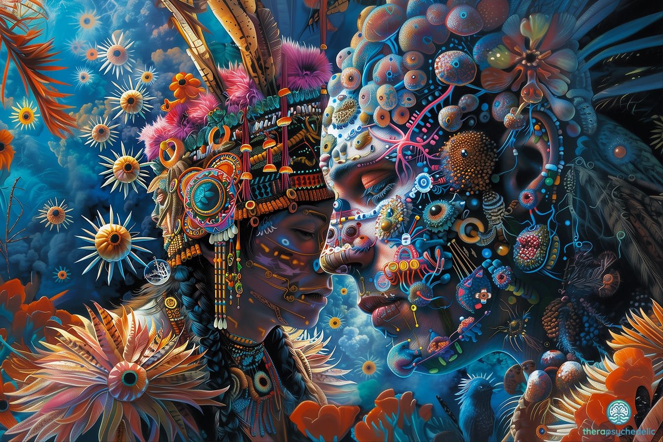 Illustration symbolique représentant l’influence du cadre culturel et spirituel sur les expériences psychédéliques, avec des éléments tribaux et neuronaux entrelacés.