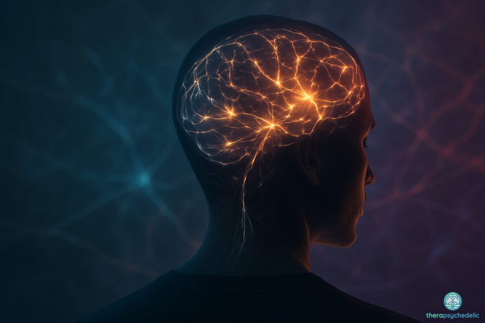 Silhouette humaine de dos avec un cerveau illuminé, représentant l’activité neuronale et la reconfiguration cérébrale induite par les psychédéliques.