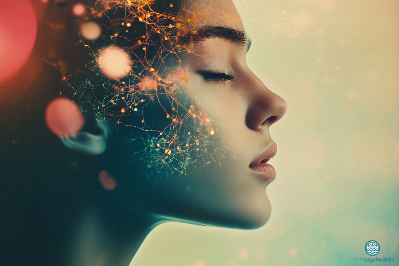 Profil d'une femme les yeux fermés avec des connexions neuronales lumineuses superposées sur son cerveau, illustrant la plasticité cérébrale et l'expérience psychédélique