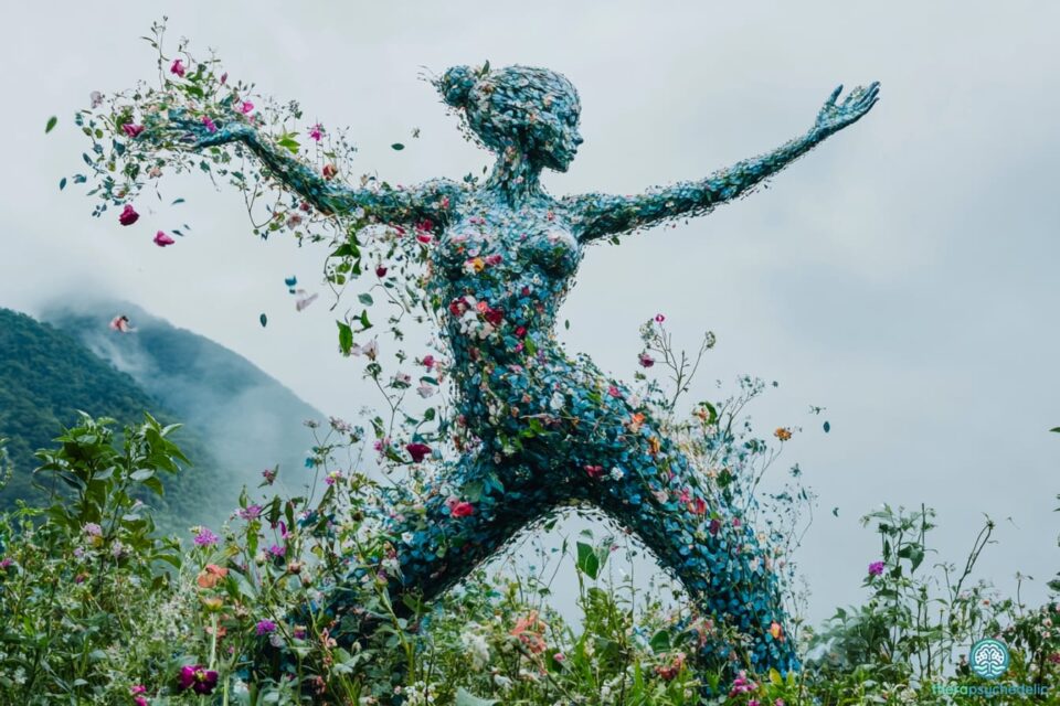 Statue artistique représentant une silhouette humaine fusionnée avec la nature, composée de fleurs et de feuillage, symbolisant l'interconnexion entre l'humain et l'environnement naturel.