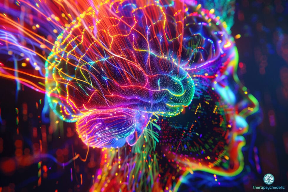 Vue latérale en gros plan d'un cerveau humain avec des effets visuels psychédéliques, des connexions neuronales représentées par des lignes lumineuses et colorées, montrant la désynchronisation entre différentes parties du cerveau, mettant en évidence des zones telles que le cortex et le réseau du mode par défaut (MPD) avec des éclats de lumière et des motifs fractals, sur un fond sombre pour mettre en valeur les couleurs vives et les détails lumineux.