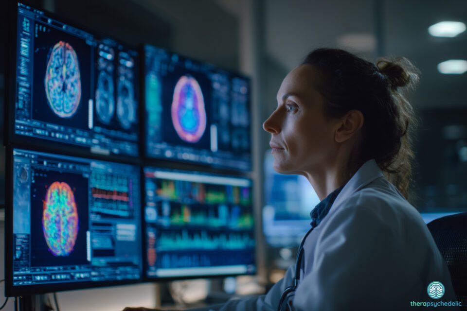 Une chercheuse en neurosciences observe des images cérébrales en couleur sur plusieurs écrans dans un laboratoire sombre, concentrée sur l’analyse d’états modifiés de conscience.