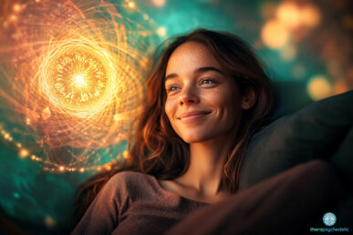 Une femme souriante regarde une manifestation lumineuse et tourbillonnante aux tons dorés, symbolisant une expérience mystique ou un état modifié de conscience en thérapie psychédélique.