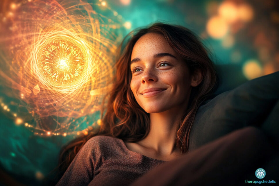 Une femme souriante regarde une manifestation lumineuse et tourbillonnante aux tons dorés, symbolisant une expérience mystique ou un état modifié de conscience en thérapie psychédélique.