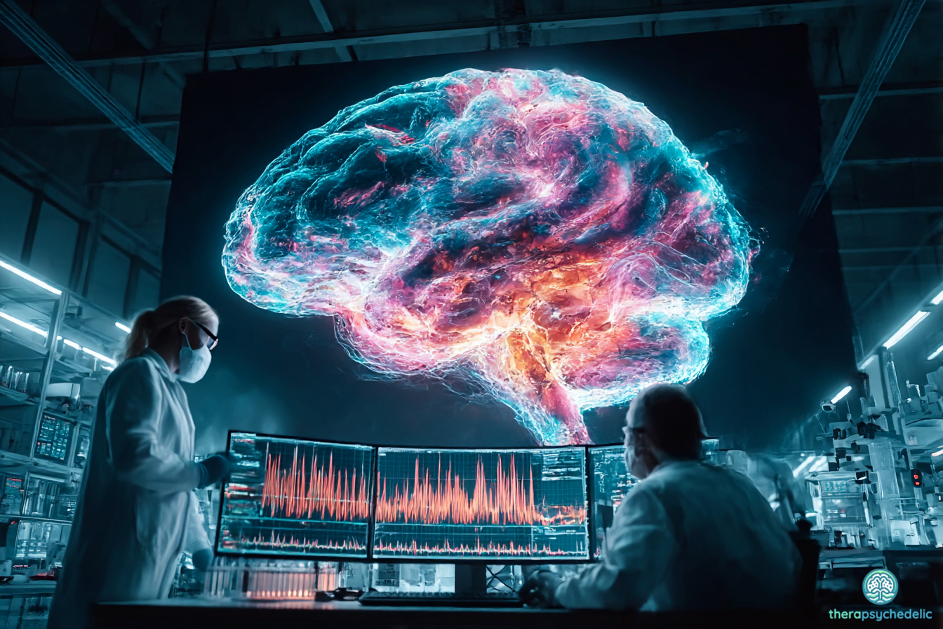 Deux scientifiques dans un laboratoire high-tech analysant l'activité cérébrale sur des moniteurs. Un écran géant affiche un cerveau lumineux et coloré, illustrant les effets d'une expérience psychédélique.