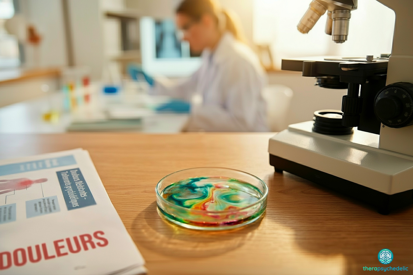 Scène de laboratoire de recherche illustrant l'étude des psychédéliques contre la douleur, avec un document au premier plan titré "Douleurs Résistantes - Traitements psychédéliques" à côté d'un microscope et d'une boîte de Pétri.