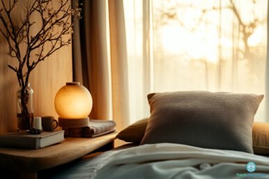 Ambiance douce d’un espace thérapeutique : lampe ronde tamisée, coussin en lin, couverture pliée et lumière naturelle filtrée par des rideaux beiges.