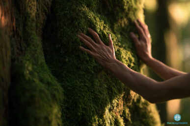 Mains posées sur la mousse d'un tronc d'arbre, symbole de la connexion à la nature dans les thérapies pour l'éco-anxiété.