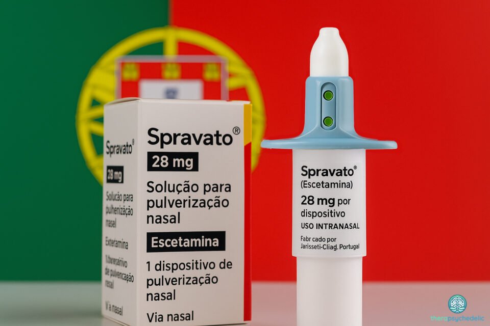 Boîte et dispositif nasal de Spravato (eskétamine) dosé à 28 mg, présentés sur fond de drapeau portugais vert et rouge, avec armoiries nationales au centre.