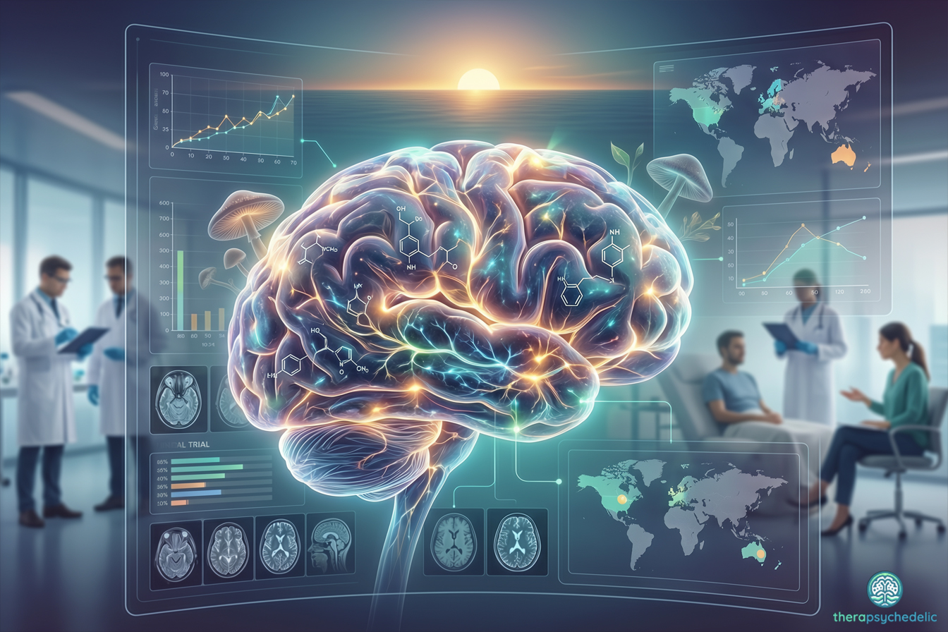 Visualisation futuriste du bilan de la recherche psychédélique et des thérapies assistées en 2026, montrant un cerveau connecté, des données d'essais cliniques et un cadre thérapeutique médical.