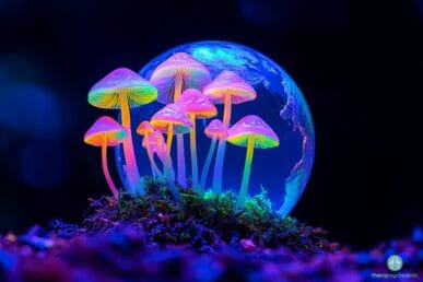 Un petit globe flottant suspendu sur un fond uni et sombre, avec des champignons colorés émergeant d'Europe, des États-Unis et d'Australie, comme si la planète tournait lentement, avec une lueur psychédélique et des teintes surréalistes et vibrantes.