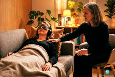 Une thérapeute pose une main rassurante sur l'épaule d'une patiente allongée, portant un masque occultant et un casque audio, dans un cabinet à l'ambiance chaleureuse et lumière tamisée.
