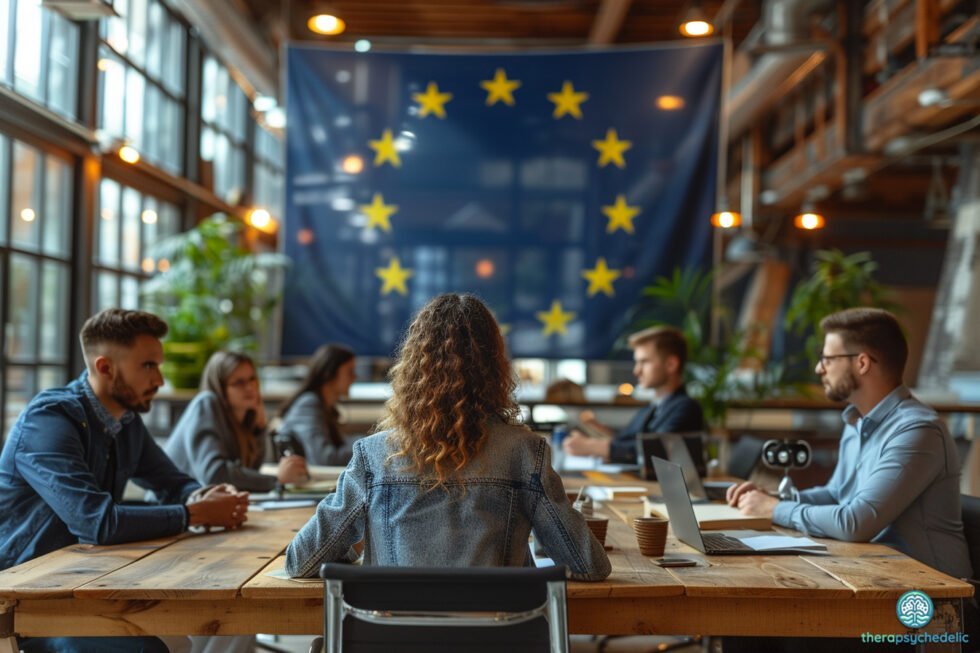 Un groupe de personnes d’horizons différents se sont réunis dans une salle lumineuse et accueillante. La toile de fond présente de grands champignons Psilocybe Cubensis détaillés et le drapeau de l’Union européenne. Les individus sont engagés dans des discussions, symbolisant la collaboration et le progrès. Des couleurs douces et apaisantes de bleu, de vert et de beige dominent la scène.