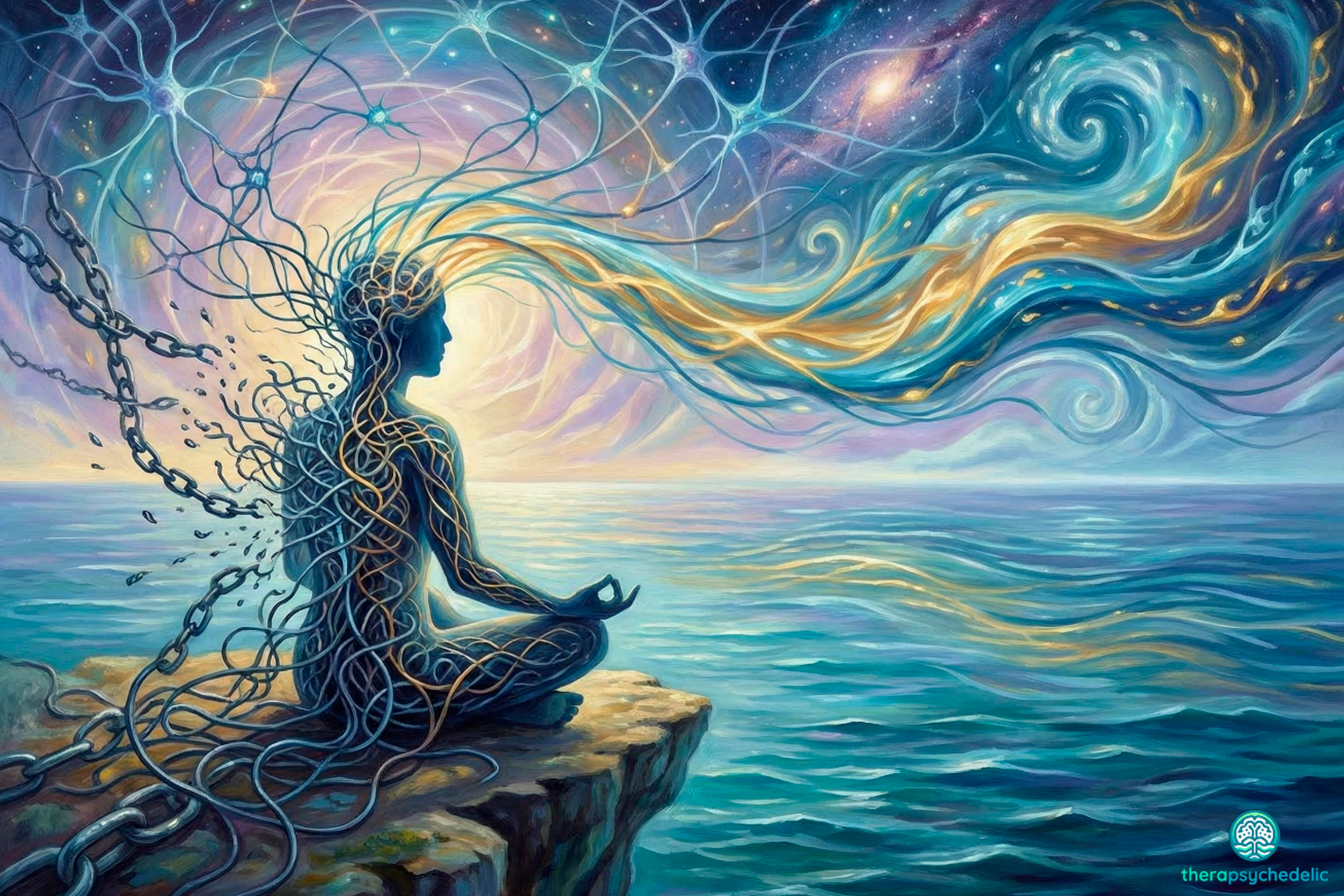 "Silhouette humaine en méditation sur une falaise brisant des chaînes métalliques. Son corps est composé de réseaux neuronaux lumineux qui se fondent dans un océan cosmique et un ciel de synapses, illustrant la libération de l'addiction et le sentiment océanique.