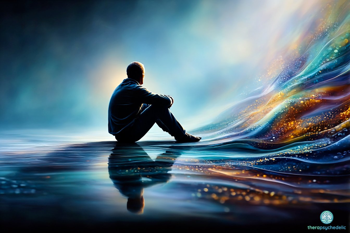 Silhouette d'un homme assis au bord de l'eau, contemplant une vague d'énergie lumineuse et colorée représentant l'expérience océanique.