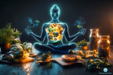 Figure humaine translucide en méditation entourée d'aliments naturels - légumes, fruits, bocaux d'épices et plantes - illustrant la connexion entre alimentation consciente et préparation psychédélique. L'effet lumineux au niveau de l'estomac symbolise l'importance des interactions digestives dans les thérapies assistées par les psychédéliques.