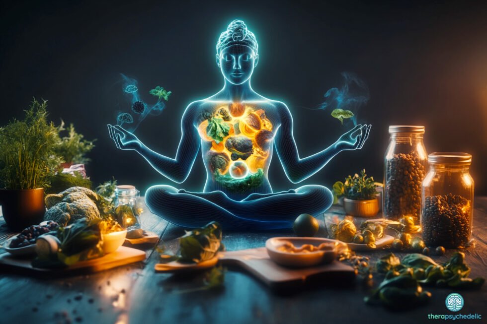 Figure humaine translucide en méditation entourée d'aliments naturels - légumes, fruits, bocaux d'épices et plantes - illustrant la connexion entre alimentation consciente et préparation psychédélique. L'effet lumineux au niveau de l'estomac symbolise l'importance des interactions digestives dans les thérapies assistées par les psychédéliques.