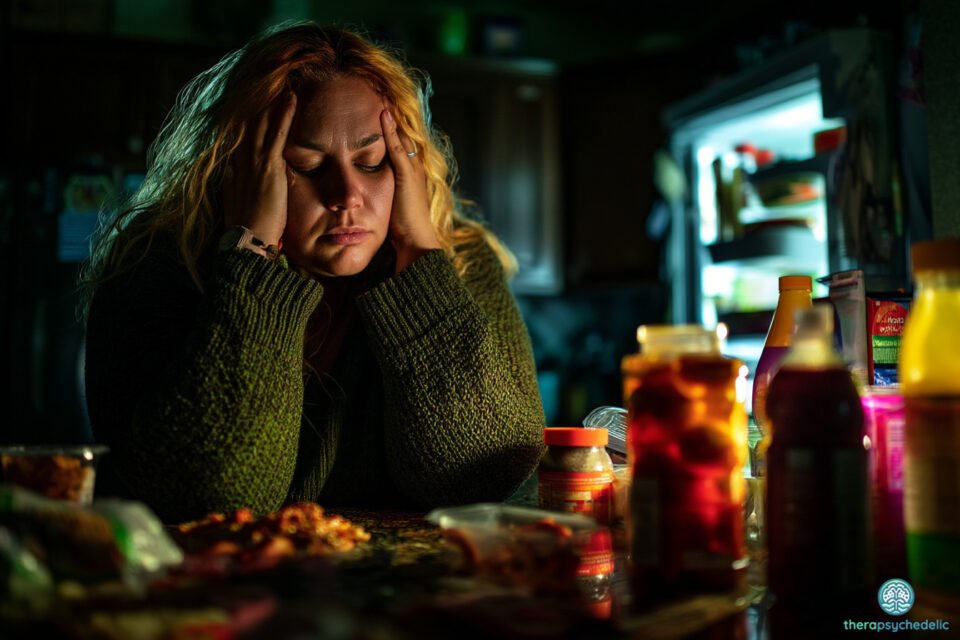 Femme en détresse face à une table couverte de nourriture, lumière tamisée, évoquant un épisode d’hyperphagie boulimique.