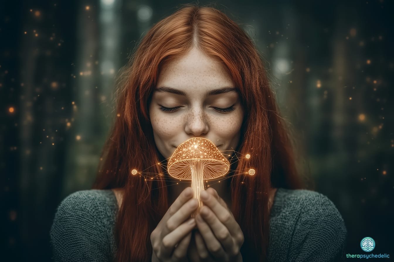 Image conceptuelle d'une femme tenant près de sa poitrine un champignon psilocybine rougeoyant, son attitude calme étant éclairée par une douce lumière dorée, avec un léger contour de cellules immunitaires et de neurones la reliant au champignon, sur un fond de forêt brumeuse et onirique.