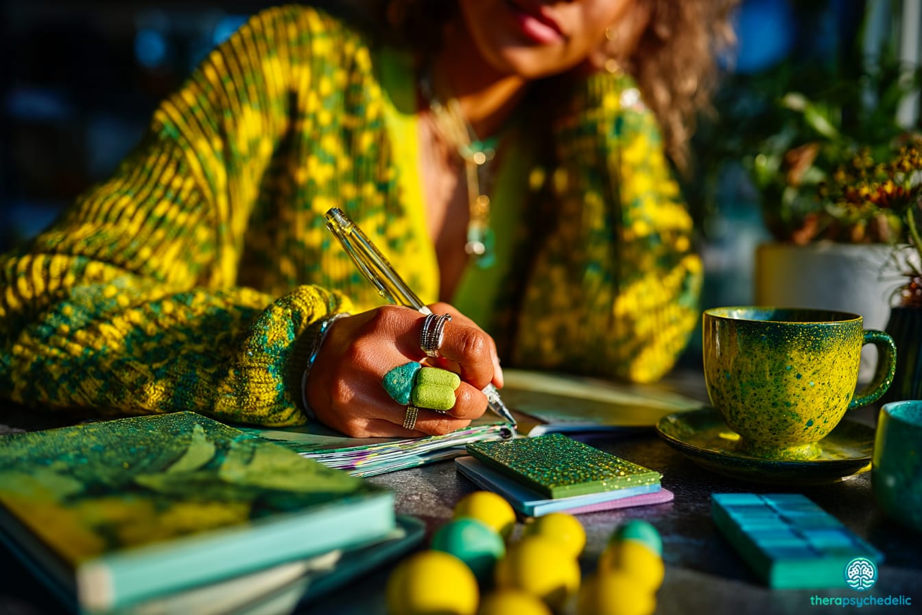 Illustration artistique de l'intégration psychédélique montrant une silhouette humaine entourée de racines, de feuilles et de motifs géométriques vibrants pour symboliser l'ancrage des prises de conscience.