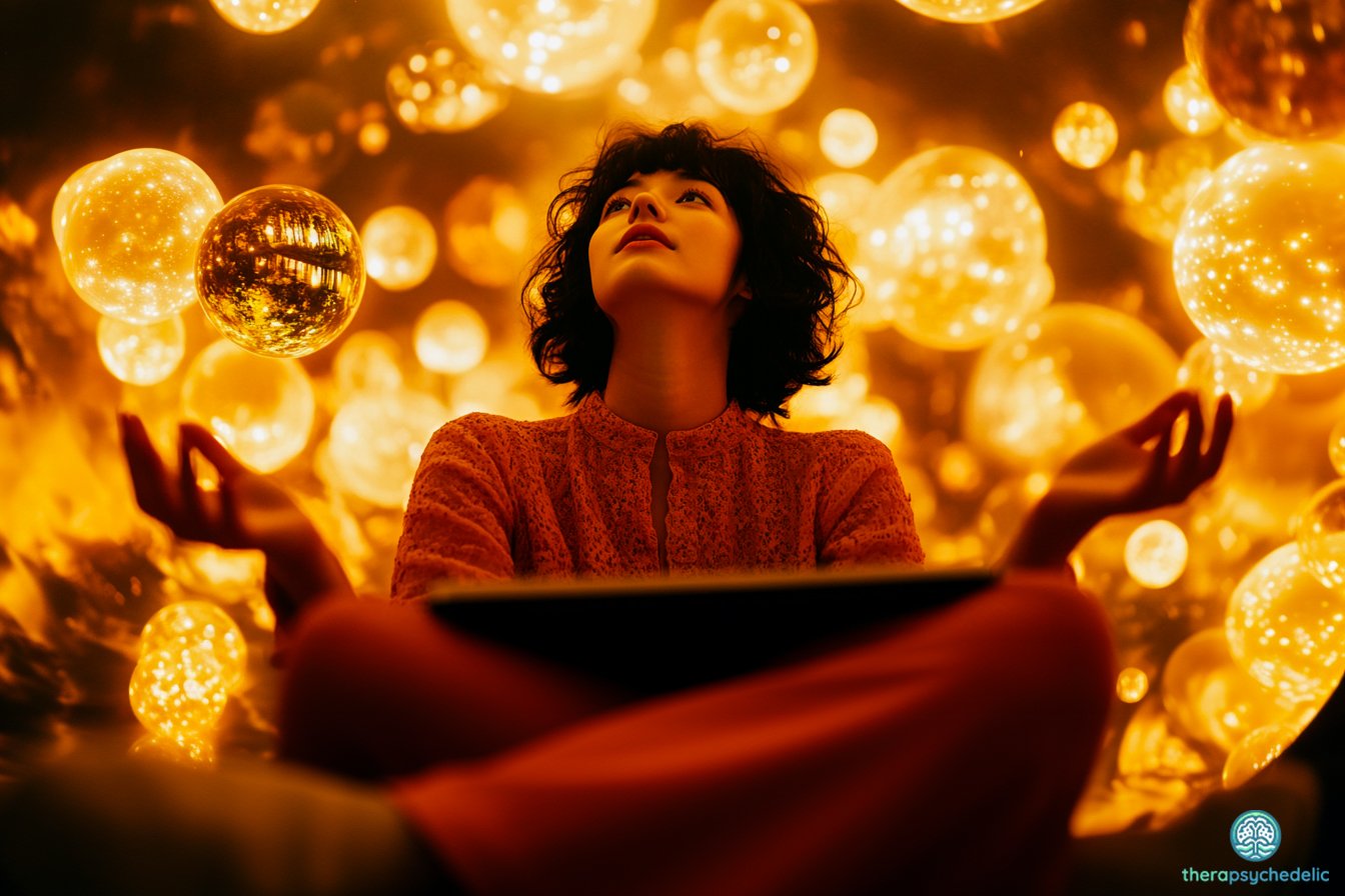 Femme méditant dans un univers onirique rempli de sphères lumineuses dorées, évoquant un état de conscience élargie et d’intégration psychédélique.