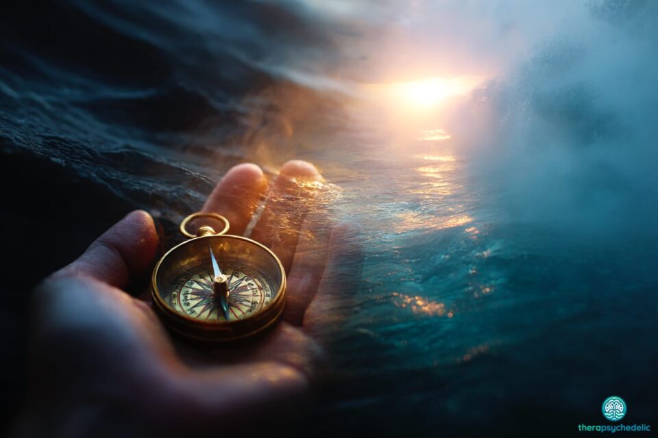 Une boussole dans une main ouverte pointant vers la lumière, symbolisant l'intention thérapeutique comme guide pour traverser les émotions difficiles vers la guérison.