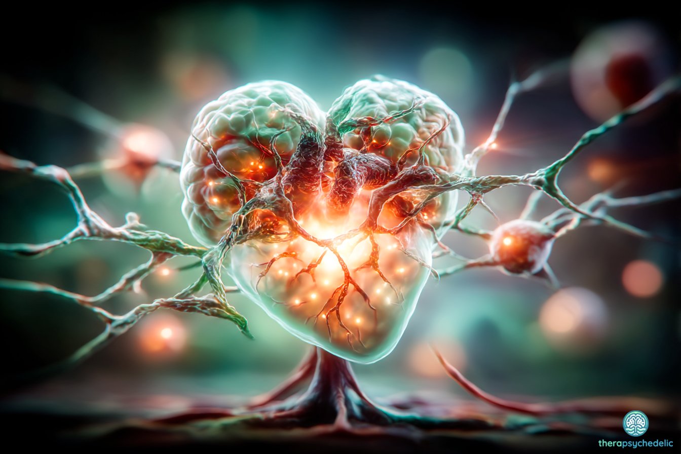 Représentation artistique d'un cœur humain entrelacé avec des structures neuronales lumineuses, symbolisant la connexion émotionnelle et la neuroplasticité au cœur de la thérapie psychédélique.