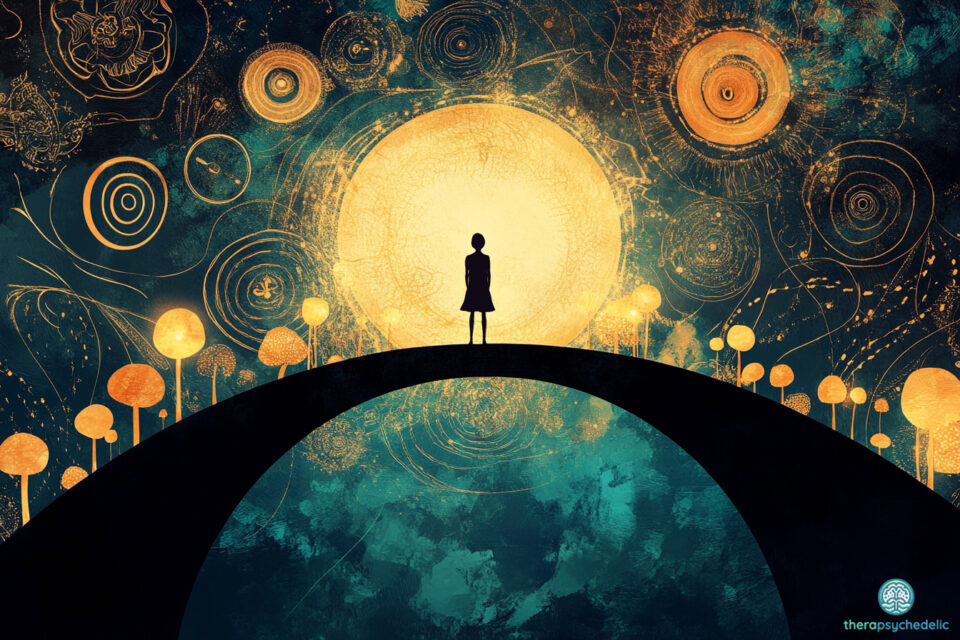 Silhouette sur une arche face à un disque lumineux entouré de cercles dorés, illustrant l'hallucination psychédélique