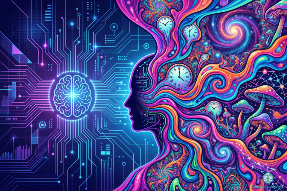 Illustration d'un profil humain entre un cerveau numérique (IA) et une expérience psychédélique avec champignons et horloges fondantes.